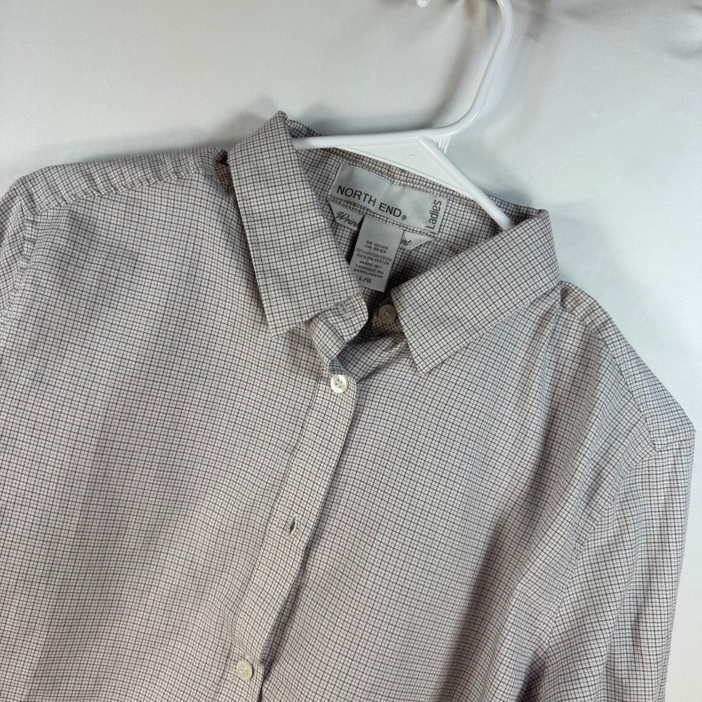 North End Ladies Grid Print Button Down Shirt Wrinkle Resistant Tan Gray Large